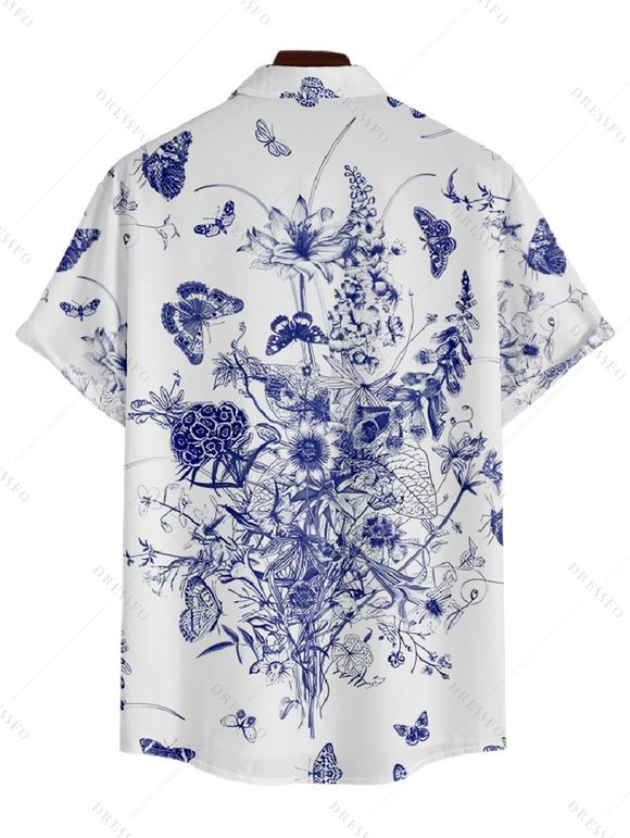Chemise Décontractée Manches Courtes à Imprimé Papillons et Fleurs avec Boutons pour Hommes - Bleu M