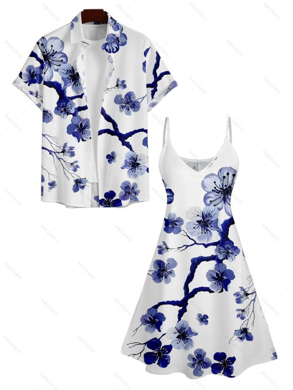 Robe Fleur de Prunier Imprimée à Bretelle Fine à Manches Roulées et Col V - Bleu profond S | US 4