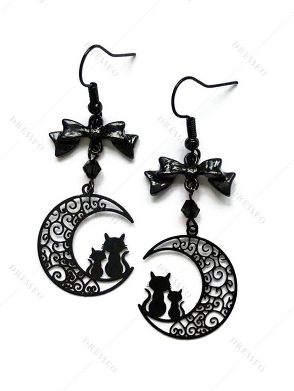 Boucles D'Oreilles Motif Chat et Lune à Sculpture Creuse - multicolor B 