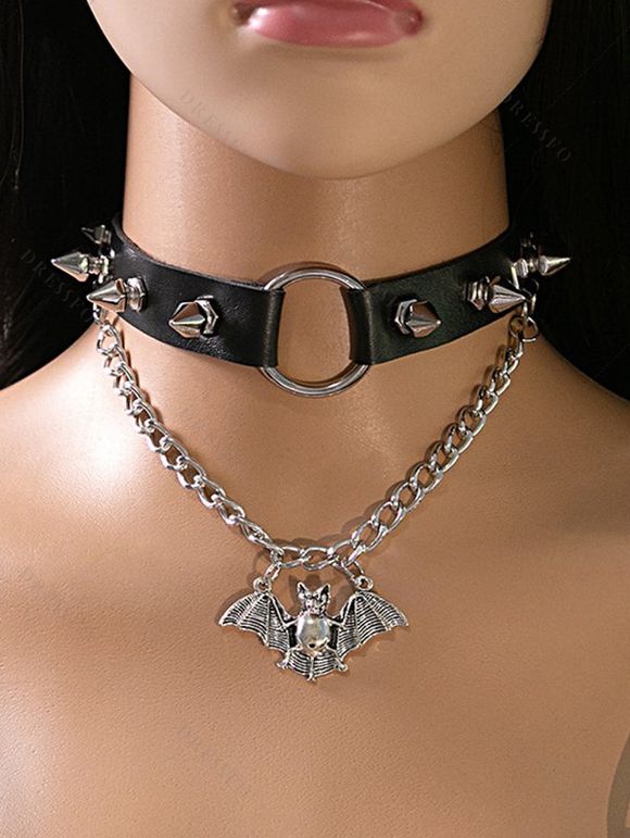 Collier Pendant Gothique Chaîne Chauve-souris Bague en O avec Rivet en PU - Noir 