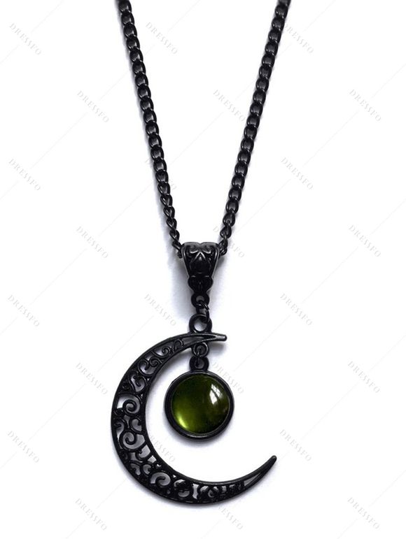 Collier en Chaîne avec Pendentif Lune en Cristal Fantaisie Style Gothique - Vert 