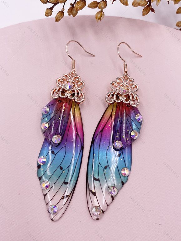 Boucles D'Oreilles Vintage Longues Ailes de Papillon à Paillettes - multicolor A 