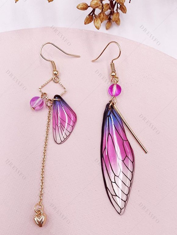 Boucles D'Oreilles Asymétriques Motif Barre Cœur et Papillon avec Chaîne - Violet clair 