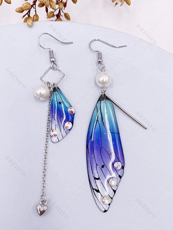 Boucles D'Oreilles Asymétriques Motif Barre Cœur et Papillon avec Chaîne - Bleu 