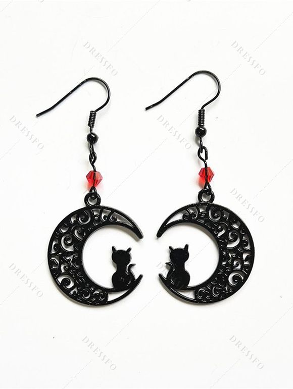 Boucles D'Oreilles Pendantes Motif Chat et Lune à Sculpture Creuse Style Gothique - multicolor C 