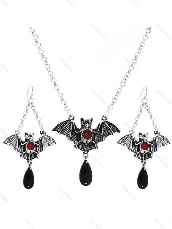 Ensemble de Boucles D'Oreilles et de Collier Gothique Chauve-souris Goutte D'Eau en Rubis - Noir 