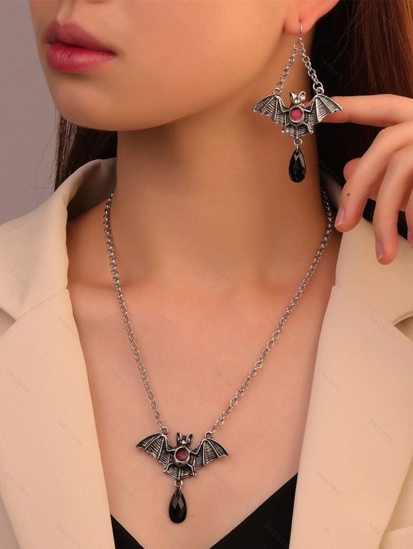 Ensemble de Boucles D'Oreilles et de Collier Gothique Chauve-souris Goutte D'Eau en Rubis - Noir 