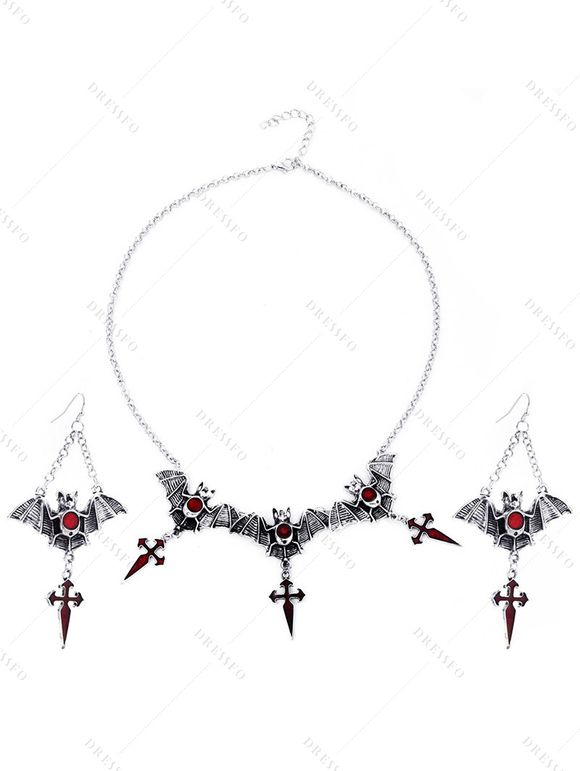 Ensemble de Boucles D'Oreilles et de Collier Gothique Chauve-souris Goutte D'Eau en Rubis - Noir 