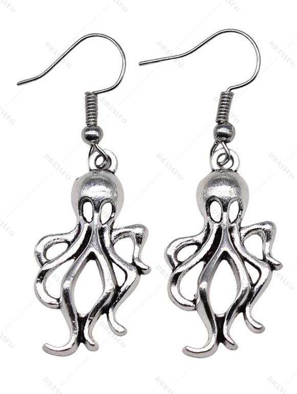 Boucles D'Oreilles Rétro Motif de Pieuvre et D'Océan - Argent 