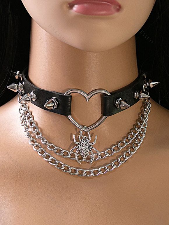 Collier Chaîne D'Araignée Gothique Cœur avec Rivet - Noir 