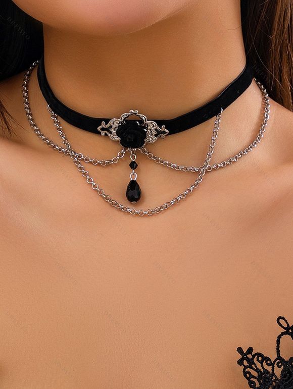 Collier D'Halloween Ras-du-Cou Chaîne Motif de Fleur avec Faux Cristal Brillant Pendant - Noir 
