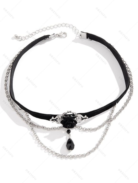 Collier D'Halloween Ras-du-Cou Chaîne Motif de Fleur avec Faux Cristal Brillant Pendant - Noir 