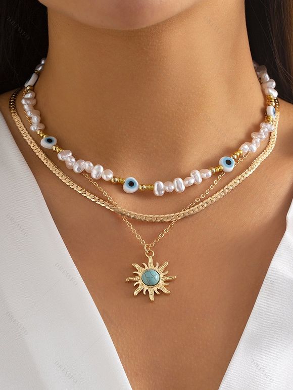 Collier à Plusieurs Branches Motif Œil Démoniaque et Perles Turquoises Style Vintage - d'or 