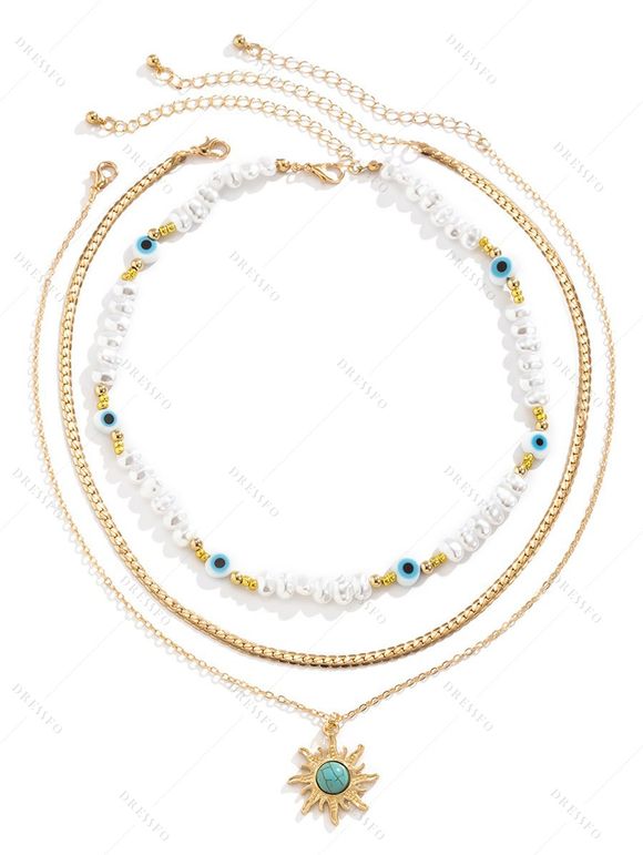 Collier à Plusieurs Branches Motif Œil Démoniaque et Perles Turquoises Style Vintage - d'or 