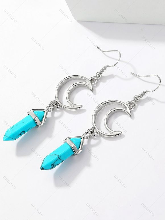 Boucles D'Oreilles Motif Lune à Sculpture Creuse et Turquoise Style Tribal Vintage - Bleu 