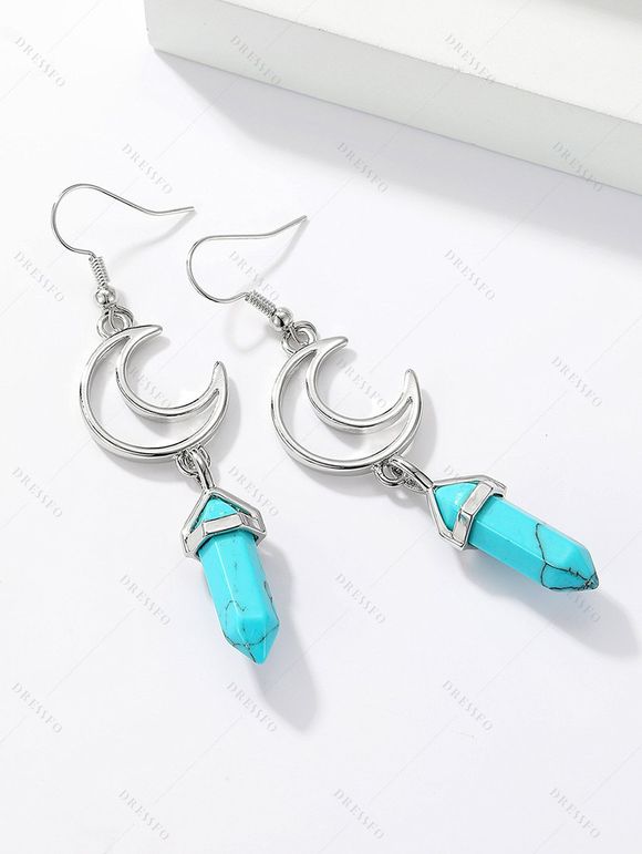 Boucles D'Oreilles Motif Lune à Sculpture Creuse et Turquoise Style Tribal Vintage - Bleu 