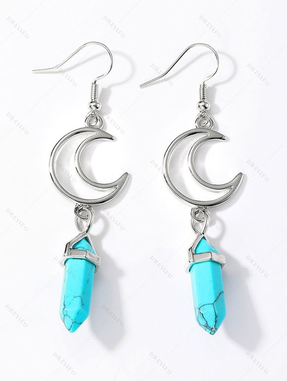 Boucles D'Oreilles Motif Lune à Sculpture Creuse et Turquoise Style Tribal Vintage - Bleu 