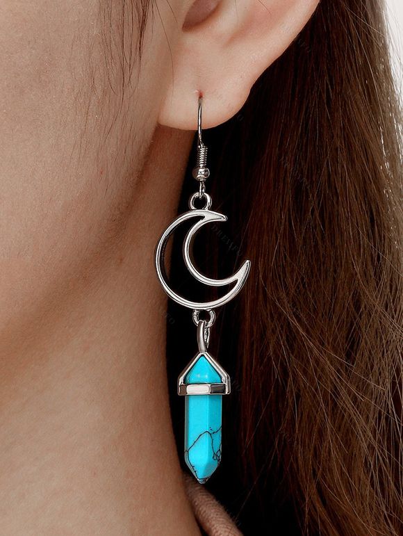 Boucles D'Oreilles Motif Lune à Sculpture Creuse et Turquoise Style Tribal Vintage - Bleu 