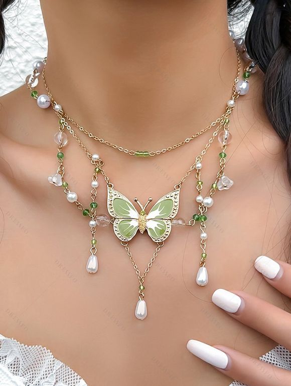 Collier Perlé Papillon Chaîne à Frange - Vert 