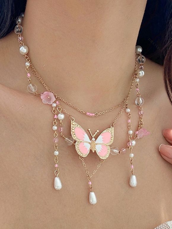 Collier Perlé Papillon Chaîne à Frange - Rose clair 