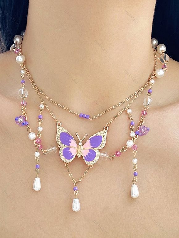 Collier Perlé Papillon Chaîne à Frange - Pourpre 