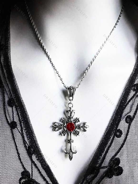 Collier Rétro Gothique Croisé en Rubis - Noir 