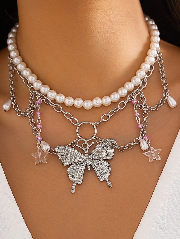 Collier Perlé Etoile Papillon Chaîne à Frange - Blanc 