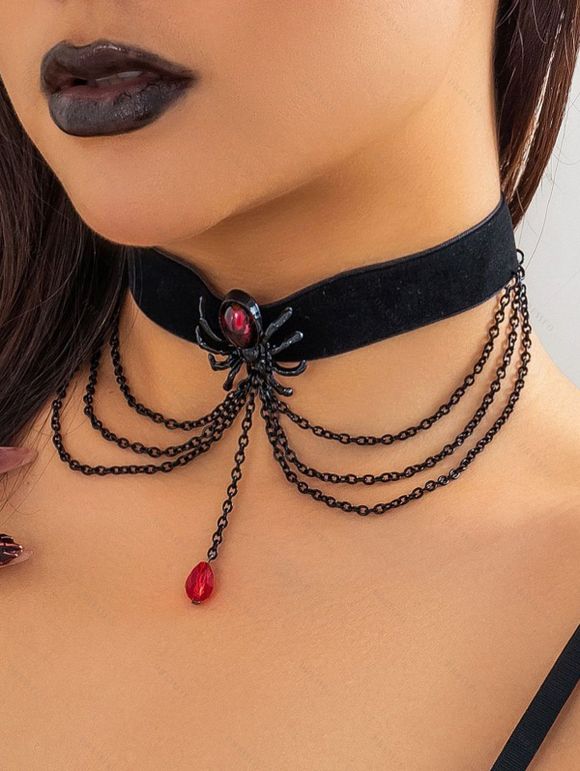 Collier Ras-du-Cou D'Halloween à Chaîne avec Araignée en Rubis - Noir 