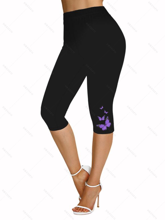 Legging Capri Moulant Décontracté Papillon Imprimé à Taille Elastique - Noir L | US 8-10