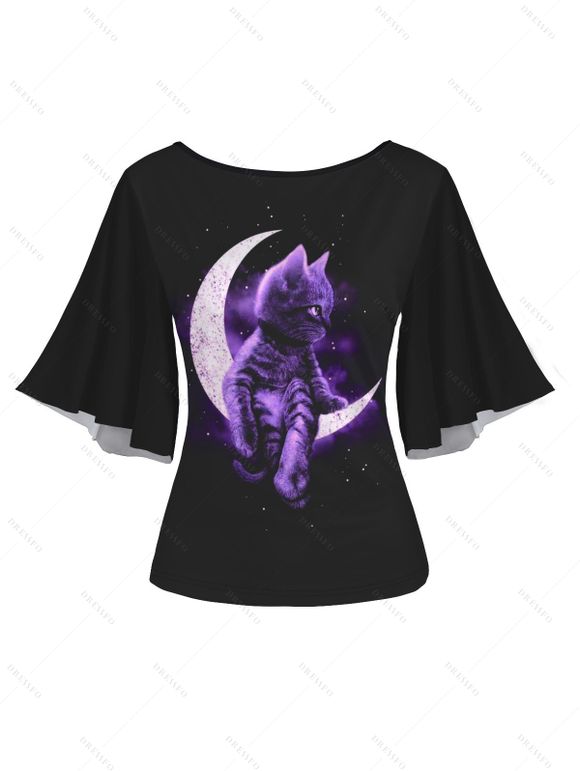 T-shirt D'Eté Chat Lune Galaxie Imprimés Manches Evasées à Col Rond - Noir S | US 4