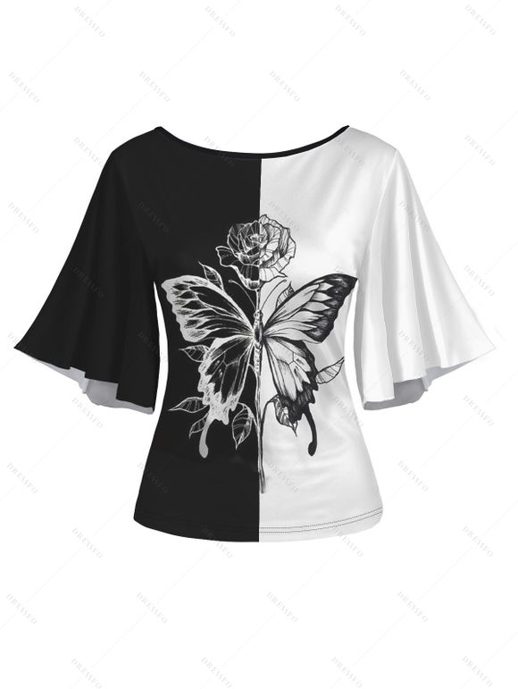 T-shirt D'Eté Rose Papillon Imprimé Manches Evasées à Col Rond - Blanc M | US 6