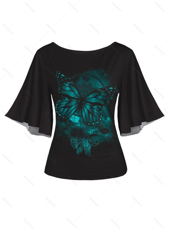 T-shirt D'Eté Rose Papillon Imprimé Manches Evasées à Col Rond - Noir M | US 6