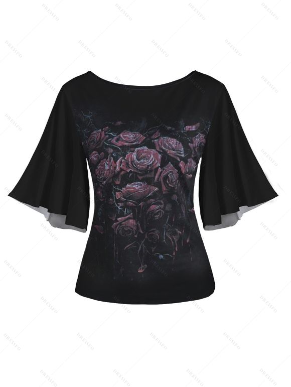 T-shirt D'été à Rose et Coeur à Manches Évasées à Col Rond - Noir M | US 6