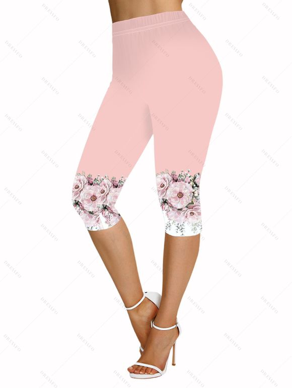 Legging Capri Moulant Décontracté Fleuri Imprimé à Taille Elastique - Rose clair XL | US 12