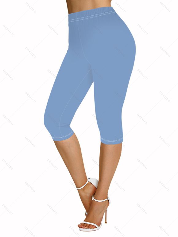 Legging Capri Moulant Décontracté Fleuri Imprimé à Taille Elastique - Bleu clair S | US 4