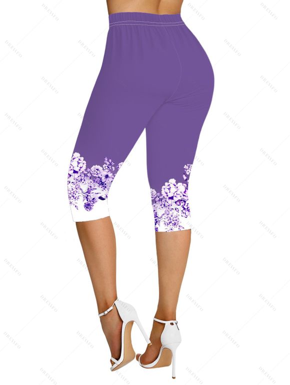 Legging Capri Moulant Décontracté Fleuri Imprimé à Taille Elastique - Pourpre L | US 8-10