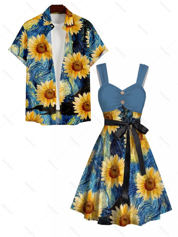 Robe Plissée Tournesol Imprimé avec Bouton à Col en Forme de Cœur pour Femme - Bleu Ciel S | US 4