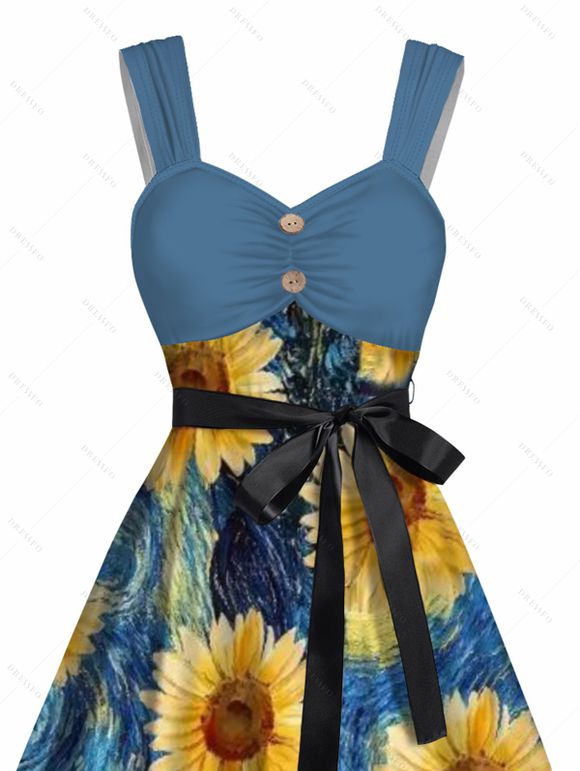 Robe Trapèze Longue Imprimé Tournesol avec Boutons pour Femme - Bleu Ciel S | US 4