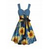 Robe Trapèze Longue Imprimé Tournesol avec Boutons pour Femme - Bleu Ciel S | US 4