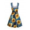 Robe Trapèze Longue Imprimé Tournesol avec Boutons pour Femme - Bleu Ciel S | US 4