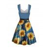 Robe Trapèze Longue Imprimé Tournesol avec Boutons pour Femme - Bleu Ciel S | US 4