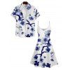 Robe Fleur de Prunier Imprimée à Bretelle Fine à Manches Roulées et Col V - Bleu profond S | US 4