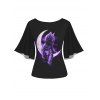 T-shirt D'Eté Chat Lune Galaxie Imprimés Manches Evasées à Col Rond - Noir M | US 6