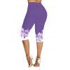 Legging Capri Moulant Décontracté Fleuri Imprimé à Taille Elastique - Pourpre L | US 8-10