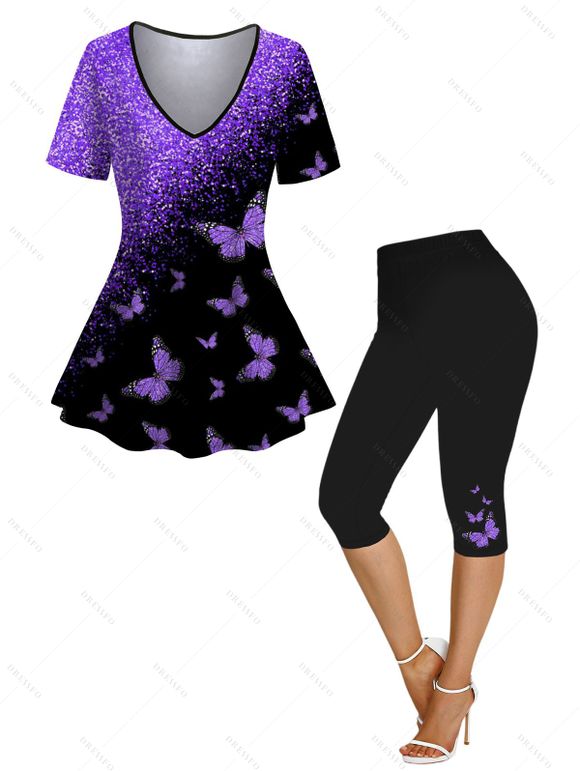 T-shirt Papillon Brillant Imprimé à Taille Elastique et Legging Capri - Noir S | US 4