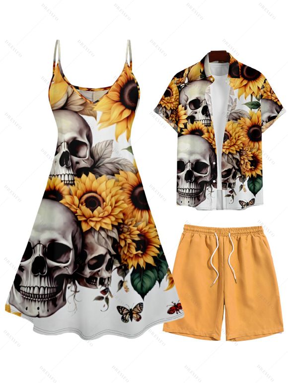 Robe en Couleur Unie Imprimé Tournesol et Short à Taille Haute avec Cordon de Serrage - Orange Foncé S | US 4