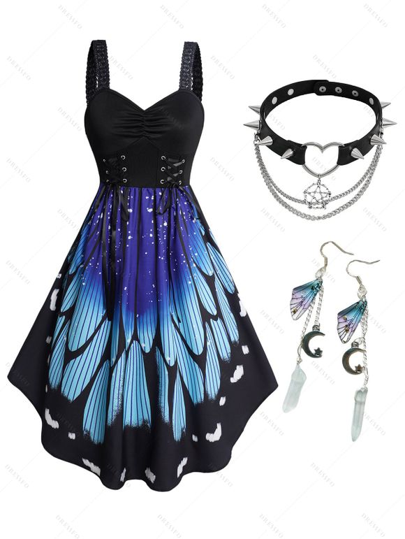 Robe à Décolleté Plongeant avec Lacets et Boucles D'Oreilles Pendantes Motif Papillons et Etoiles Style Gothique - Noir S | US 4