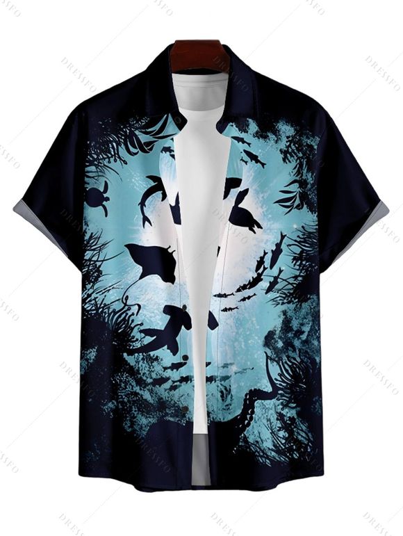 Chemise Décontractée Boutonnée Monde de Mer Imprimée à Manches Courtes - Noir 2XL