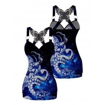 Big Octopus Pattern Ruched Butterfly Lace Tank Top Cross O Ring Surplice Summer Top