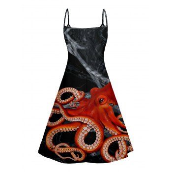 Big Octopus Print V Neck Spaghetti Strap Dress Sleeveless High Waist Summer A Line Cami Dress